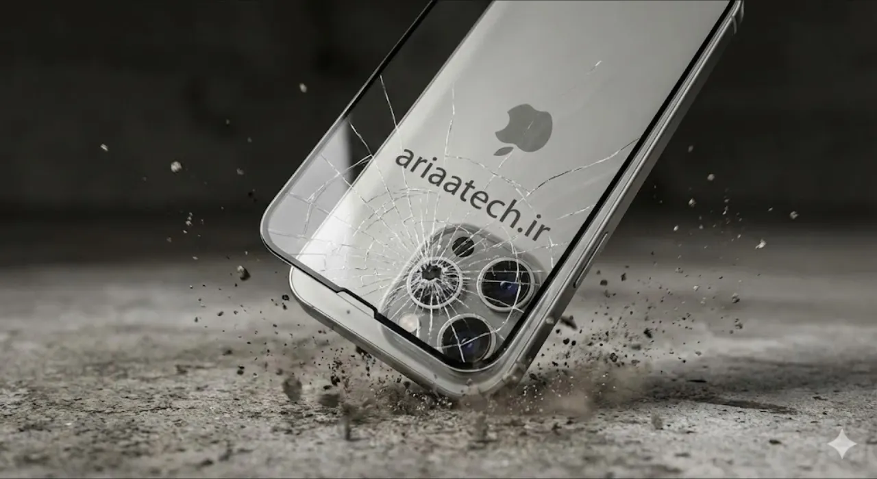 نمایش گلس ضد ضربه آیفون 15 پرو در حال محافظت از صفحه نمایش در برابر سقوط از ارتفاع